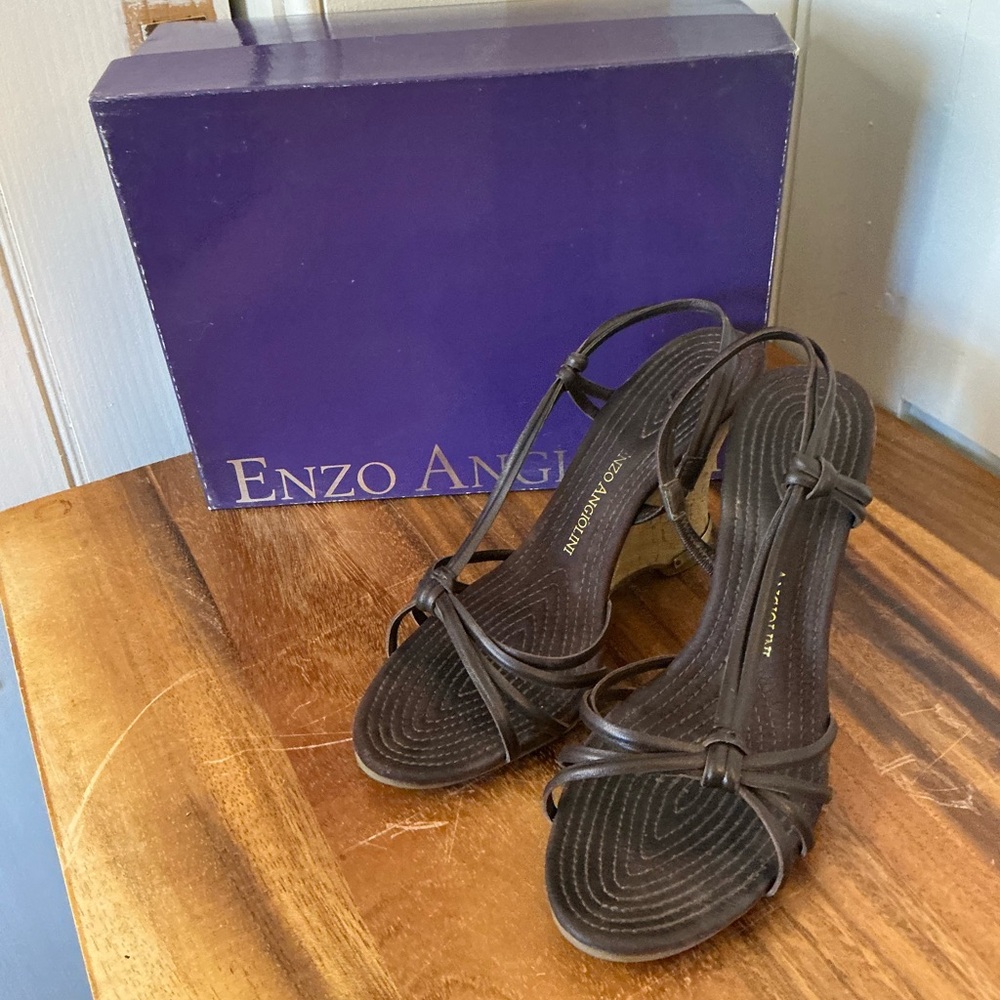 Enzo Angiolini Dark Brown Strappy Knot Heeled Wedge Sandals
